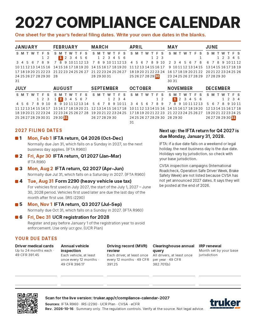 Preview of the 2027 compliance calendar printable
